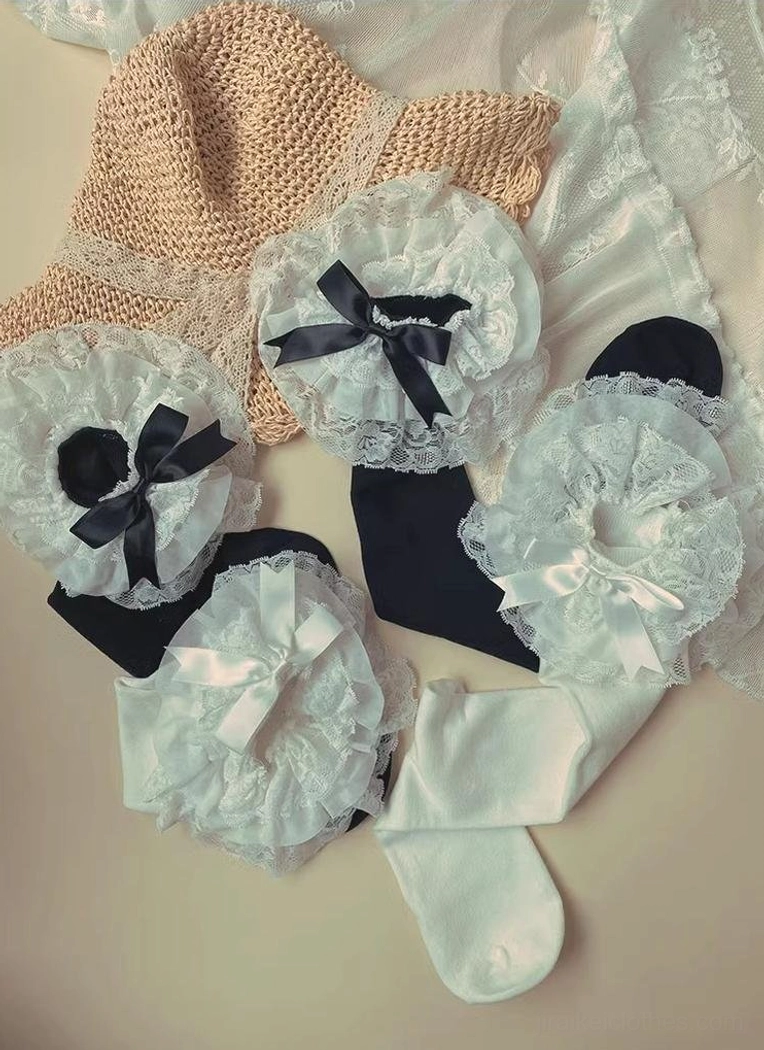 Jirai Kei layered lace socks close-up texture detail ruffles bow embellishments premium cotton spandex blend