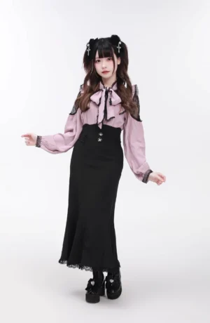 Jirai Kei lace stand collar blouse with ribbon bow tie front view studio shot pink-black color