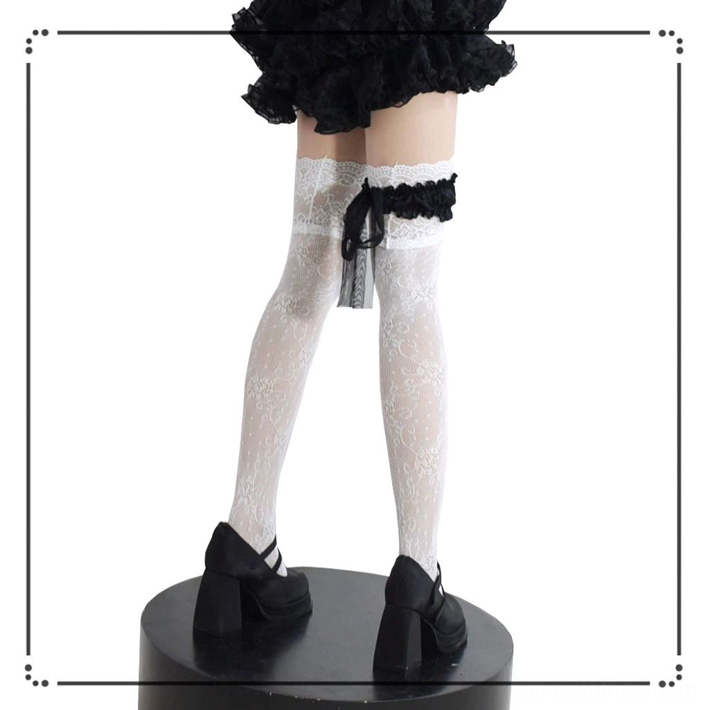 Black and white Jirai Kei stockings color variant styling guide, demonstrating both available color options with coordinating aesthetics