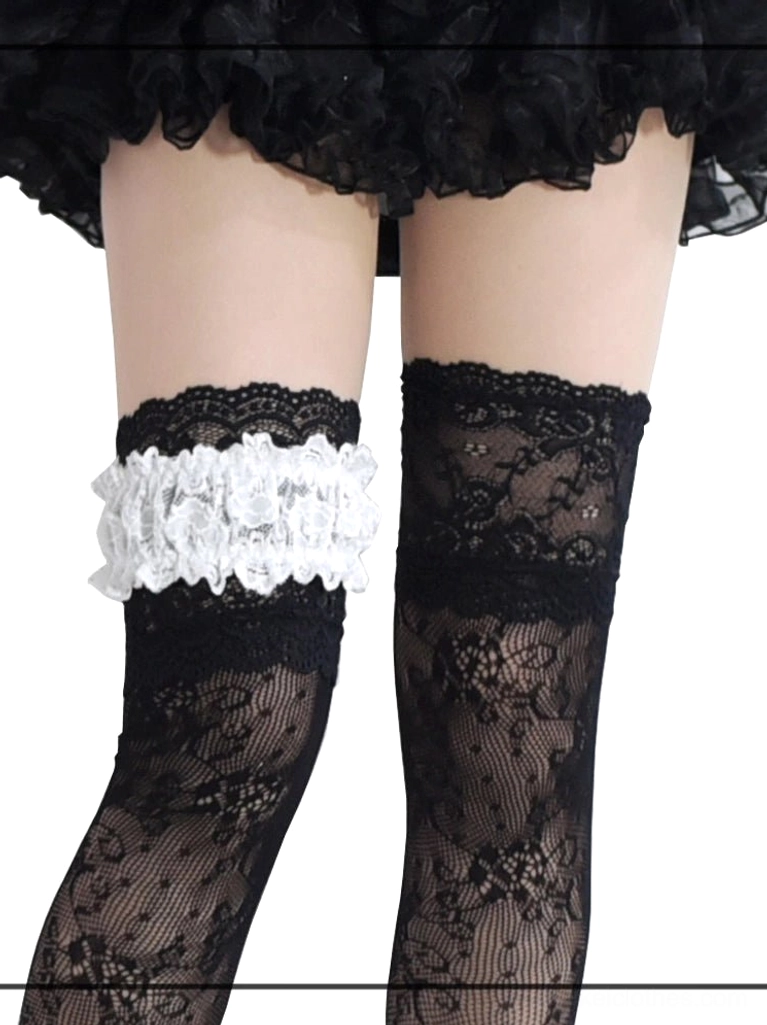 Jirai Kei lace stockings style comparison back partial view, left black stockings white garter right black floral lace all-over design