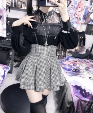 Black lace off-shoulder Jirai Kei sweater mirror selfie showing rhinestone heart collar and houndstooth mini skirt styling