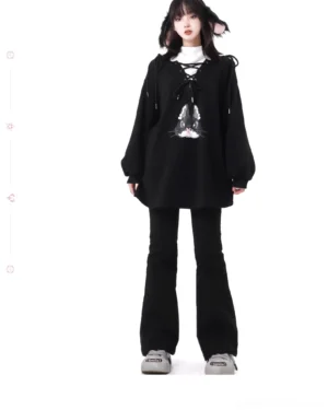 Jirai Kei outfit bundle female model full-body front pose oversized lace-up hoodie flared cargo pants bunny ear hair accessory black and white bulldog print