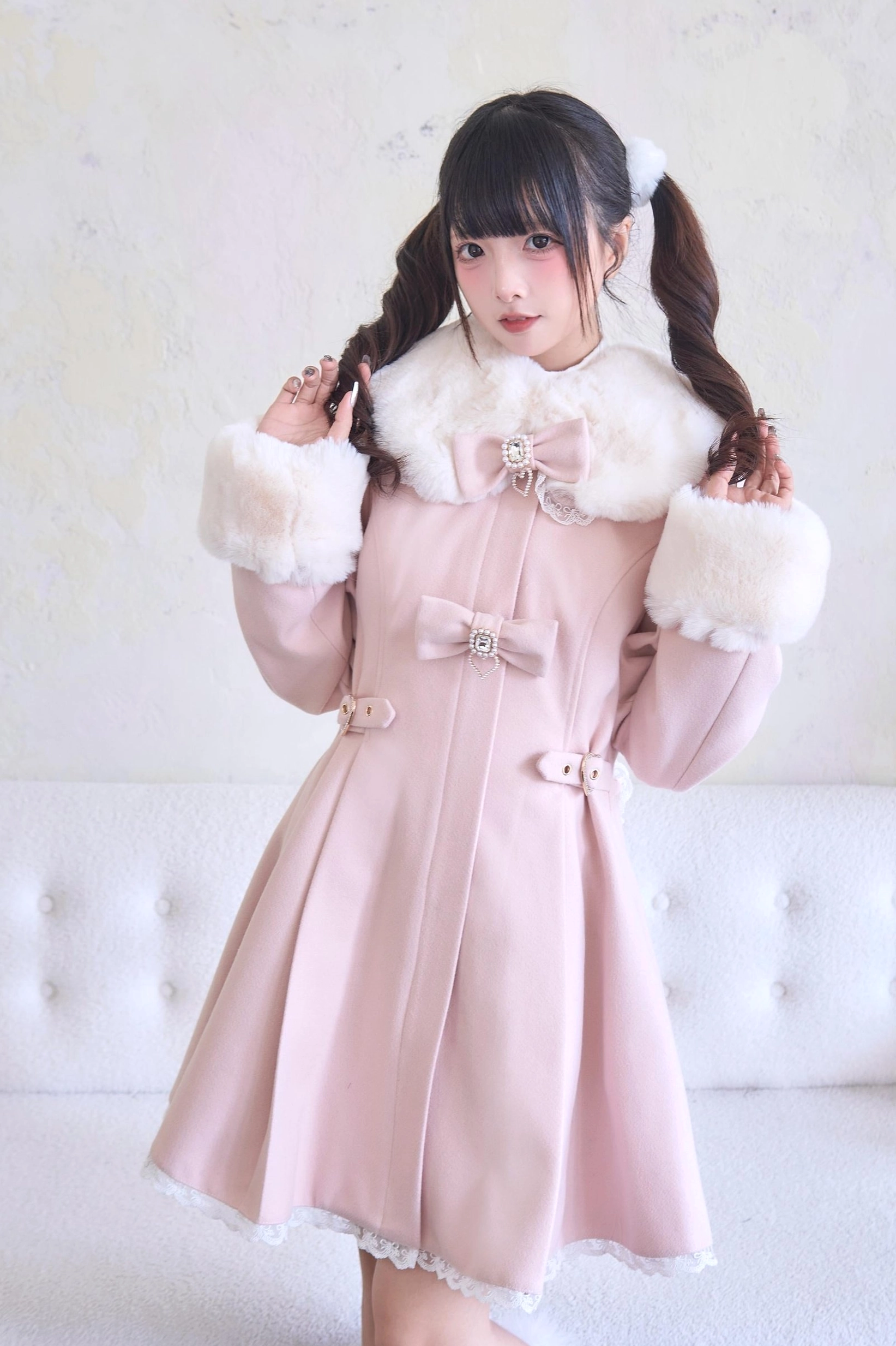 Jirai Kei Landmine Winter Coat Four Color Palette - Violet Black Pink Beige Comparison Flat Lay