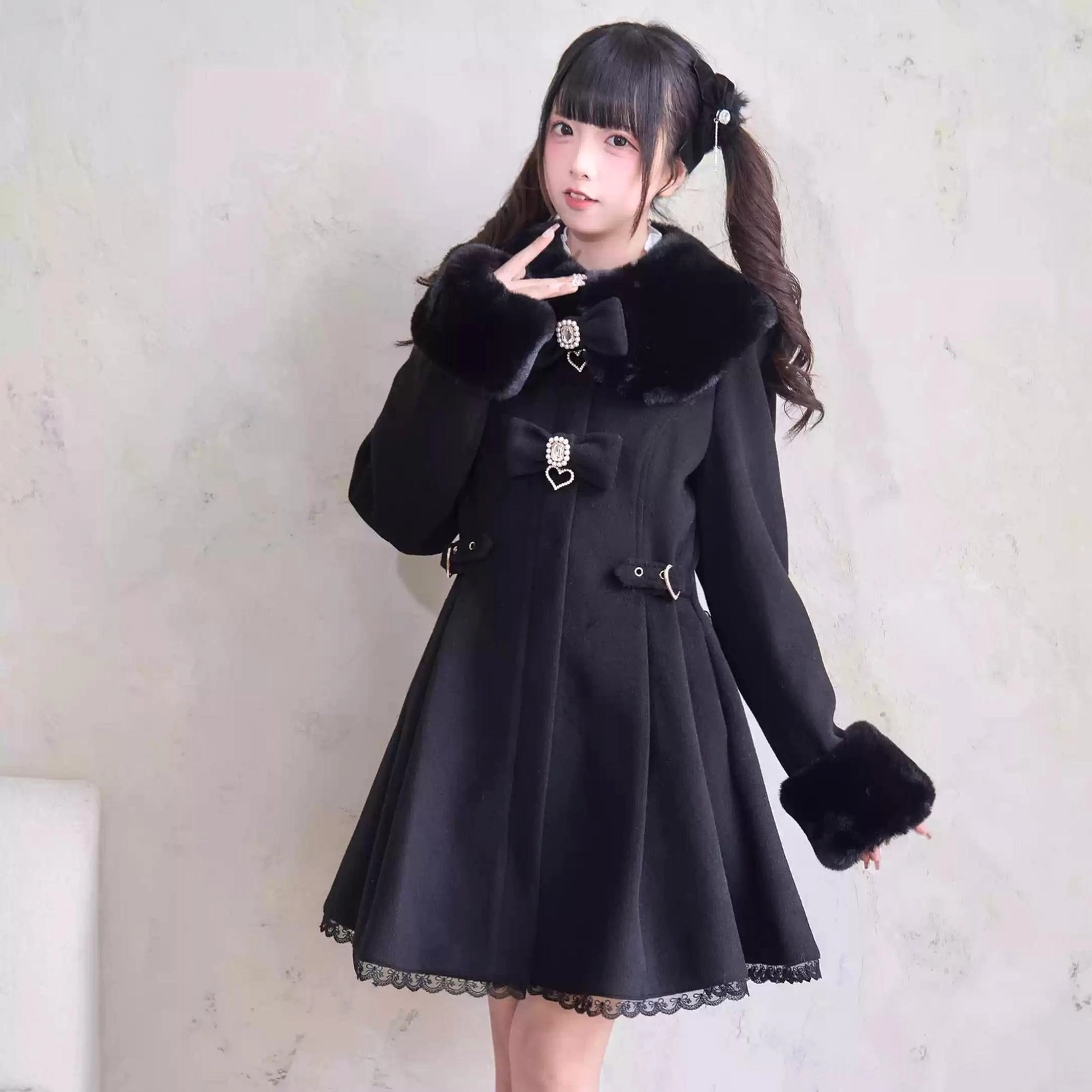 Jirai Kei Landmine Winter Coat Waist Belt Detail with Hidden Button Closure - Structured Silhouette Design