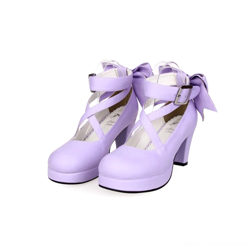 Jirai Kei lavender light purple platform heels with cross ankle strap buckle and feminine bow embellishment front view