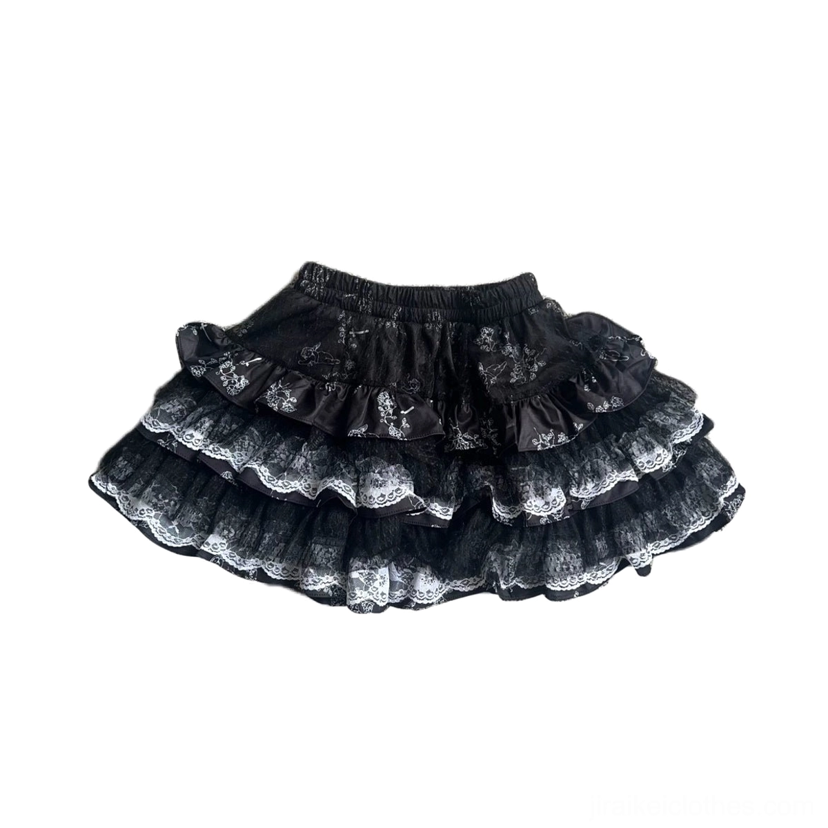 Jirai Kei layered lace puff skirt black white colorway full product photography street wear styling option