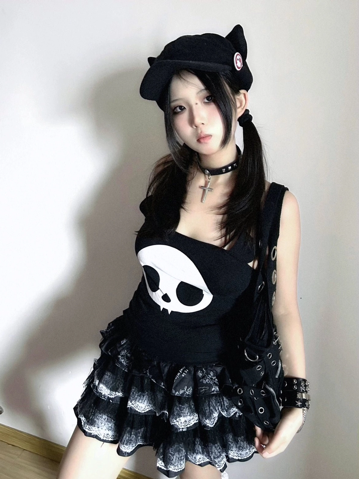 Jirai Kei layered lace puff skirt black and white colorway with detailed lace trimming pattern photography product showcase