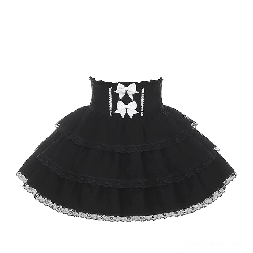Black high-waisted layered lace cake skirt Jirai Kei style white bow pearl chain waist trim studio mannequin display