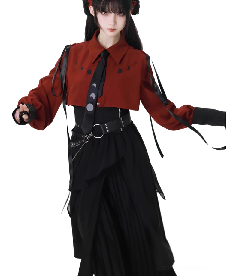Jirai Kei outfit detail view showcasing wide black leather belt with metal buckle, layered pleated skirt construction, and three-quarter front pose with moon-print blouse