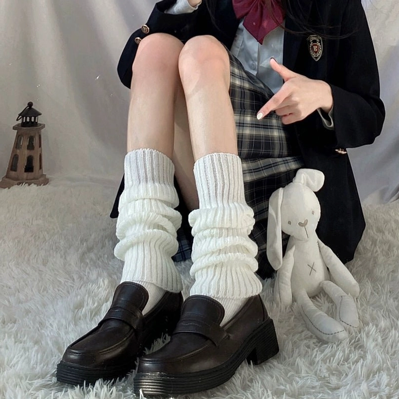 Jirai kei ribbed leg warmer complete color and length options display black white grey khaki stacked rib textures y2k gyaru fashion