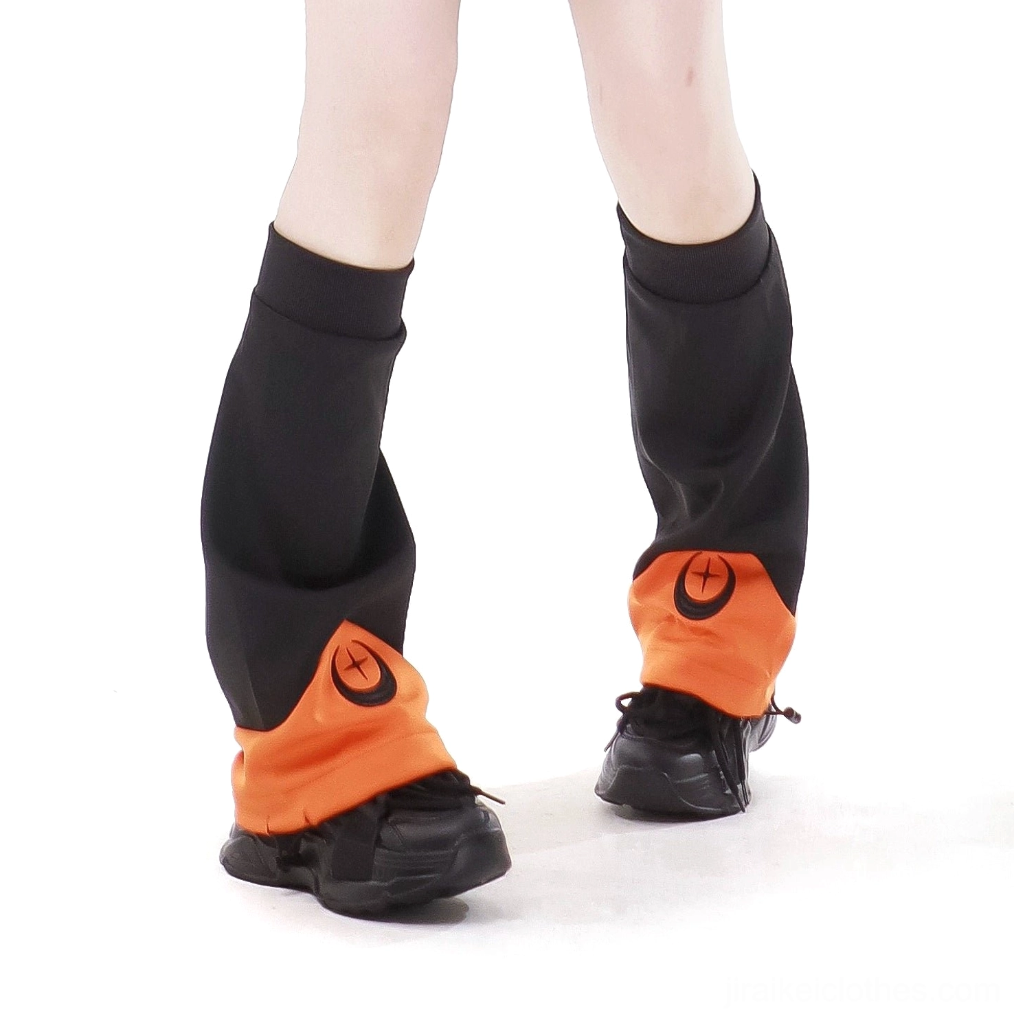 Black-orange Jirai Kei leg warmers individual accessory display showing crescent moon embroidery and one-size-fits-most design