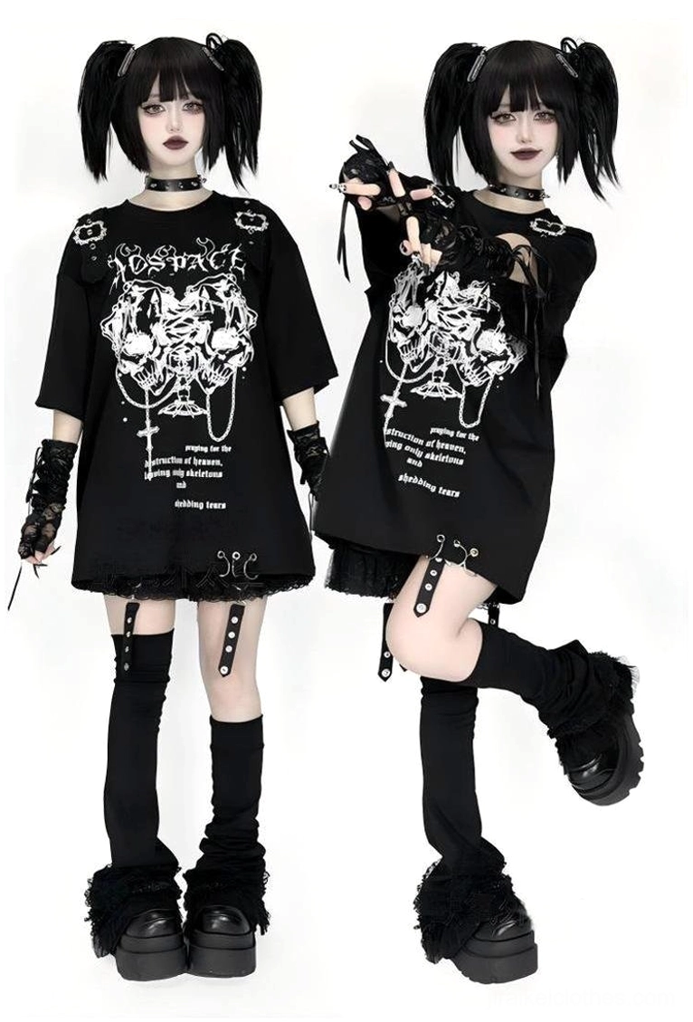 Twin models wearing black jirai kei subculture leg warmers with fuzzy ruffled cuffs and platform boots, full front view goth outfit
