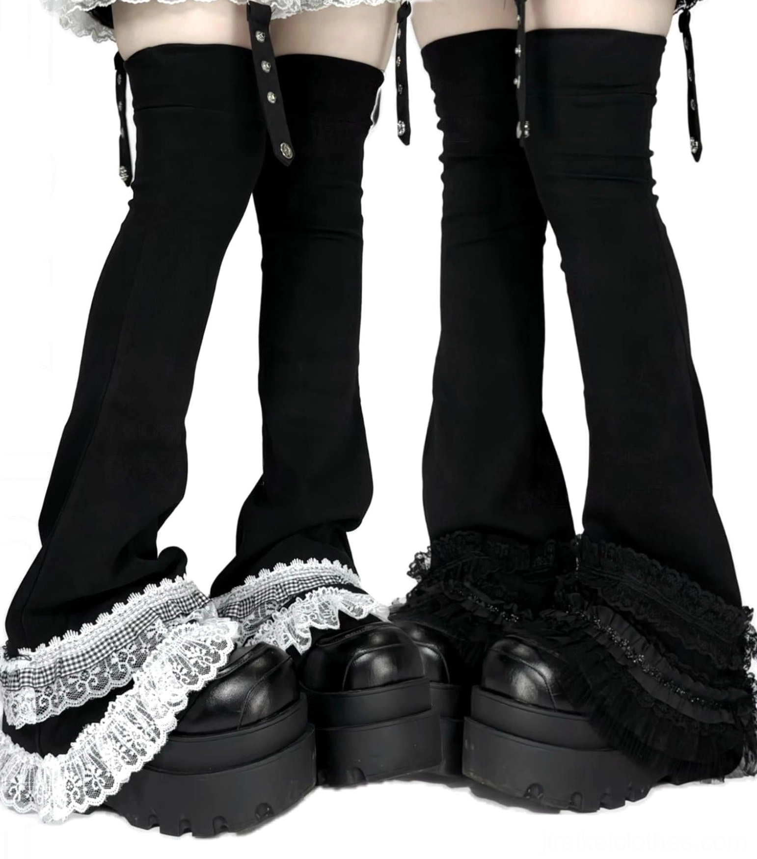 Two leg pairs in jirai kei leg warmers with white lace ruffle cuffs, adjustable straps and platform shoes from side-front angle