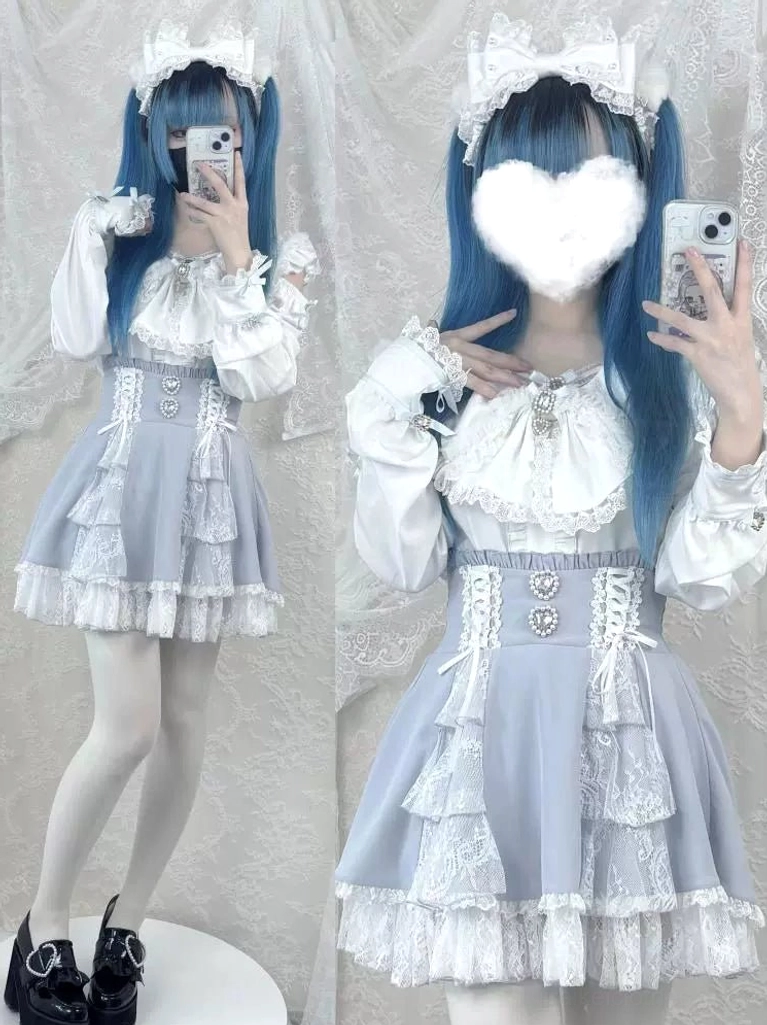 Two models in matching sweet Jirai Kei light blue dress set with lace ruffled skirt and puff sleeves