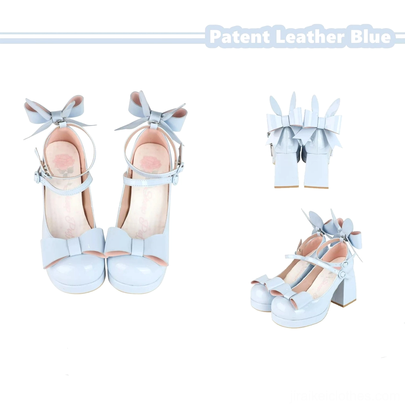 Patent leather light blue Jirai Kei platform heels flat lay showing cool-toned glossy finish front toe bow ankle strap and block heel