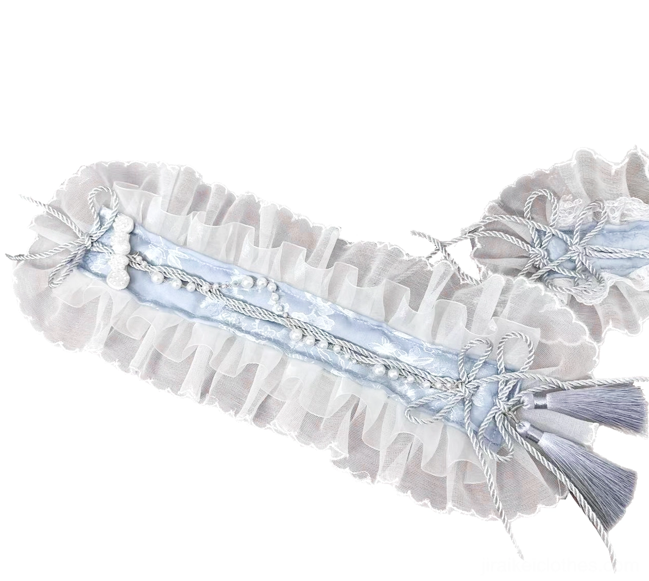 Light blue ruffled lace satin headband with organza ruffles, tassel and pearl trim decorations, Jirai Kei hair accessory flat lay photography