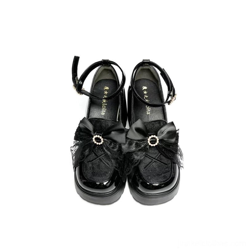 Jirai Kei platform loafer heart-shaped pearl accent detail on ankle strap showing lustrous pearl decor and romantic aesthetic close-up