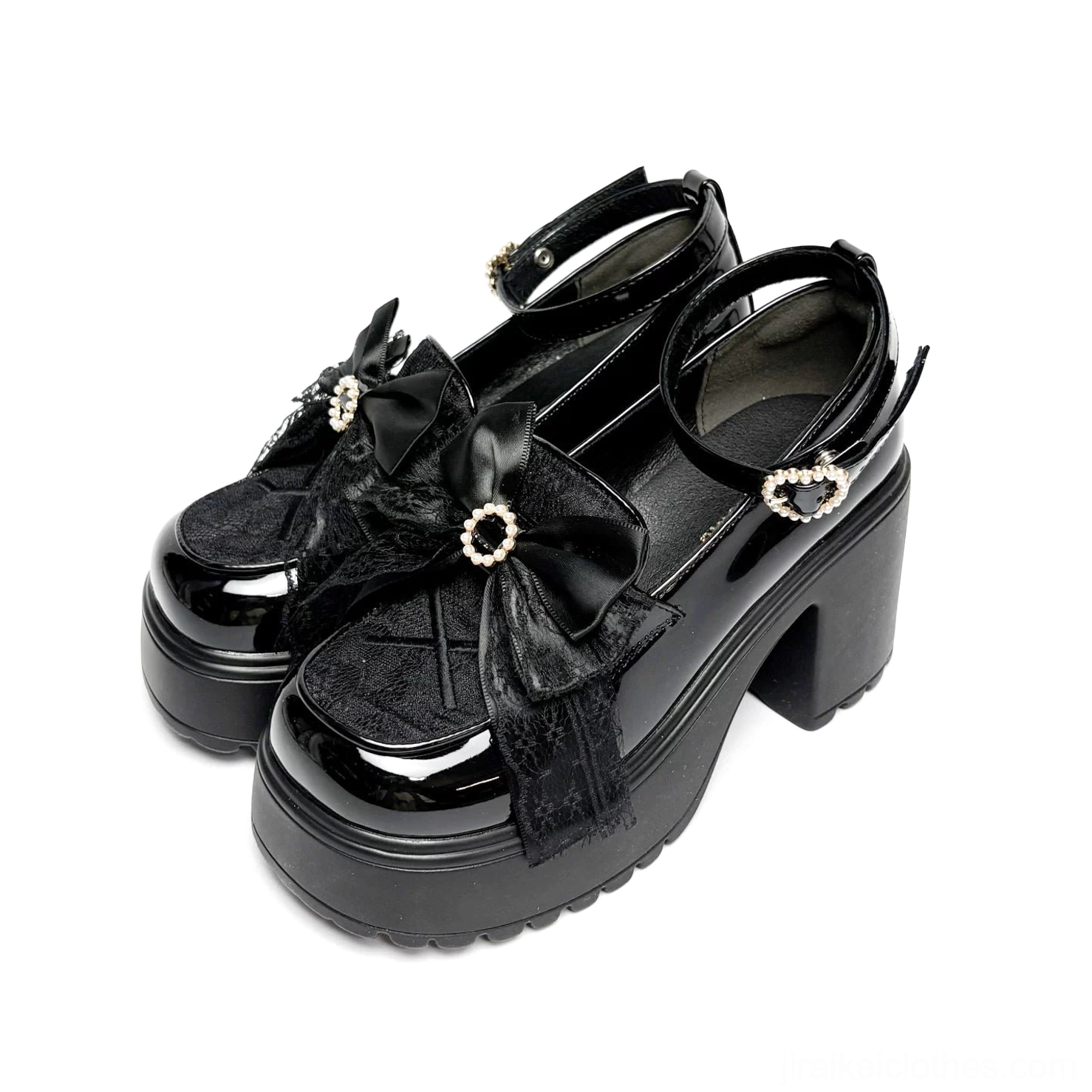 Jirai Kei loafer sole and platform construction detail showing chunky block heel support and durable PU leather material underneath view