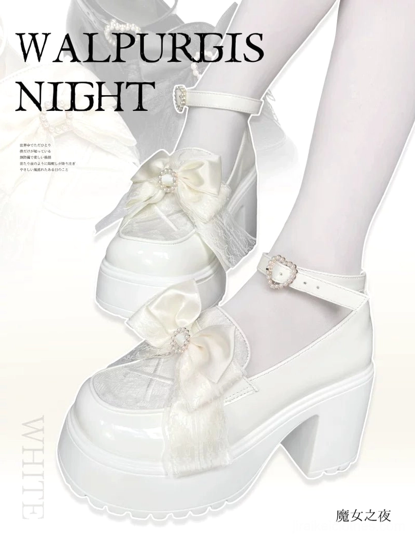 Jirai Kei platform loafer top-down close-up detail of white color variant showing round ankle buckle gem-bow ornament and thick chunky platform heel