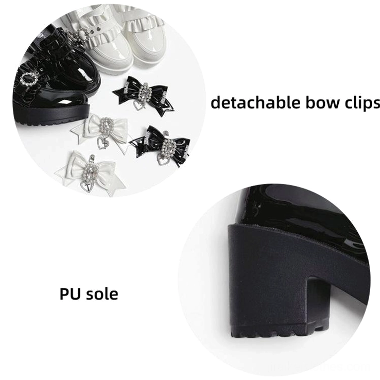Detachable Jirai Kei bow clips system showing interchangeable rhinestone bow decorations that attach to mid-heel loafers for customizable styling versatility
