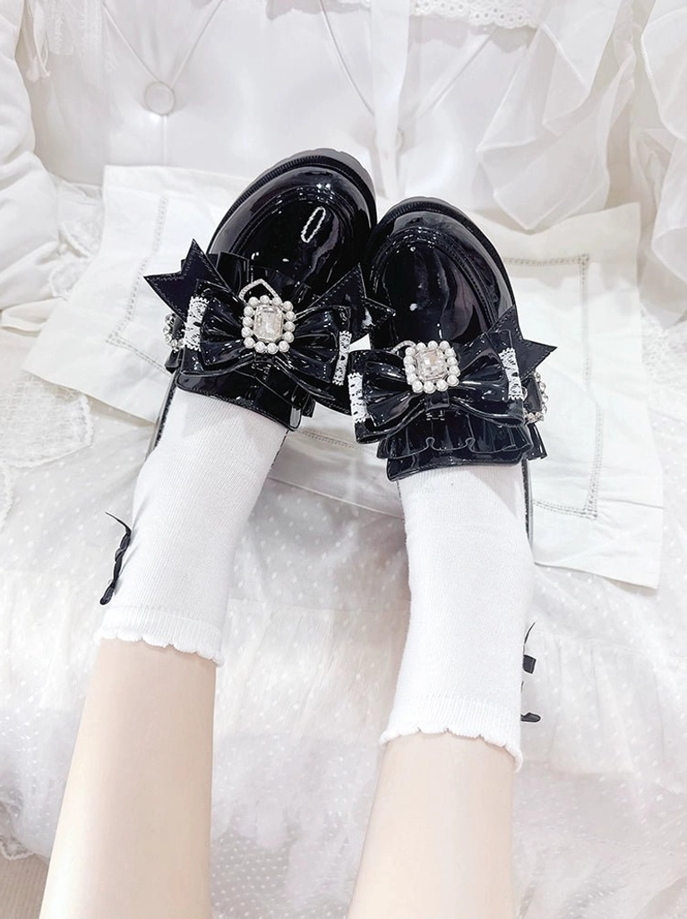 Jirai Kei patent leather loafers flat lay photography displaying multiple color variants and style details of mid-heel shoe construction and design elements