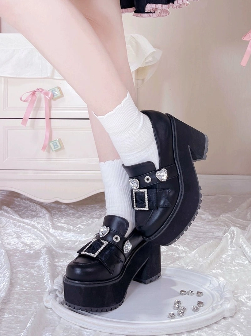 Jirai Kei platform loafers heart-shaped rhinestone versus square buckle embellishment style options detail