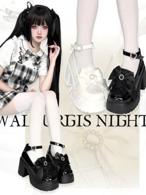 Lolita Mary Jane Jirai Kei loafers with adjustable ankle buckle strap worn by twin-tailed model in plaid dress showing both black and white color options