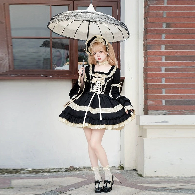 Classic Jirai Kei Lolita black OP dress beige bow pair matching coordinate accessories lace-up front styling