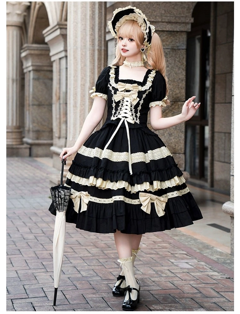 Jirai Kei Classic Lolita black OP dress three-quarter side short flared sleeves beige bow lace-up front lace handbag vintage parasol