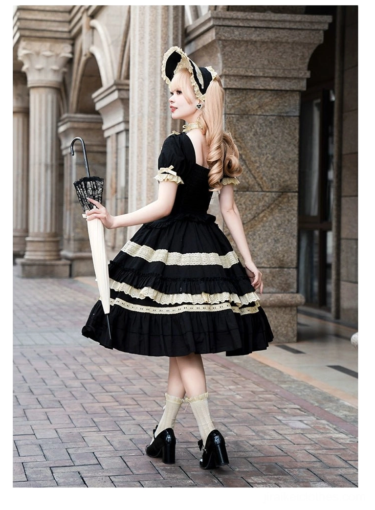Classic Jirai Kei Lolita OP dress with detachable petticoat showing volume and silhouette black beige color coordination