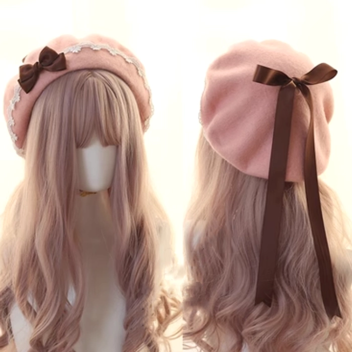 Jirai Kei sweet Lolita beret styling guide showing multiple color options with coordinating outfits and fashion inspiration combinations