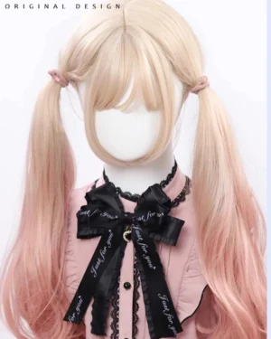 Mannequin wearing pink lace-trimmed lolita blouse and gradient blonde-pink wig displaying styling options without hair accessories