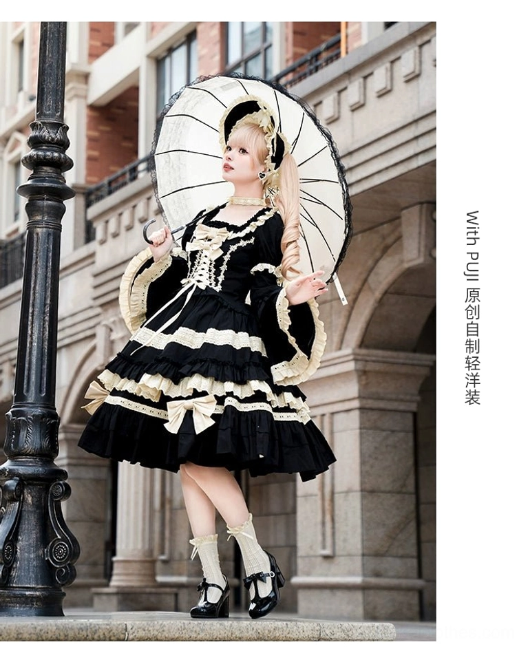 Black Jirai Kei Lolita Classic OP dress side view square neckline flared long sleeves full-body outdoor streetwear styling parasol