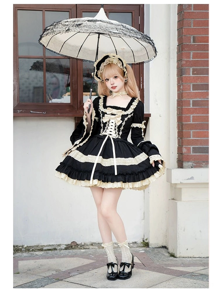 Black and beige Jirai Kei Lolita OP dress with detachable hand sleeves arm warmers extended sleeve dramatic layering styling