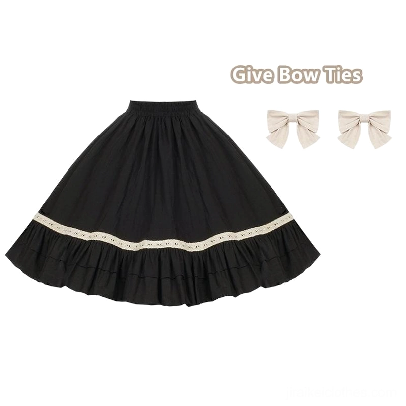 Jirai Kei Lolita classic black OP dress elastic waist petticoat plus pair beige bows detachable volume silhouette