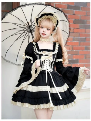 Black and beige Classic Jirai Kei Lolita OP dress with square neckline front lace-up beige bows ruffled hemline outdoor vintage parasol styling