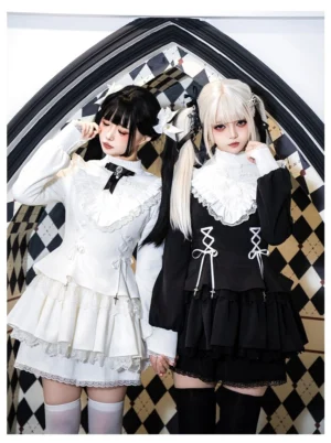 Jirai Kei Lolita OP dress featuring dual black and white colorways with ruffled collar, lace tiered skirt, and bow necktie detail on checkered gothic background