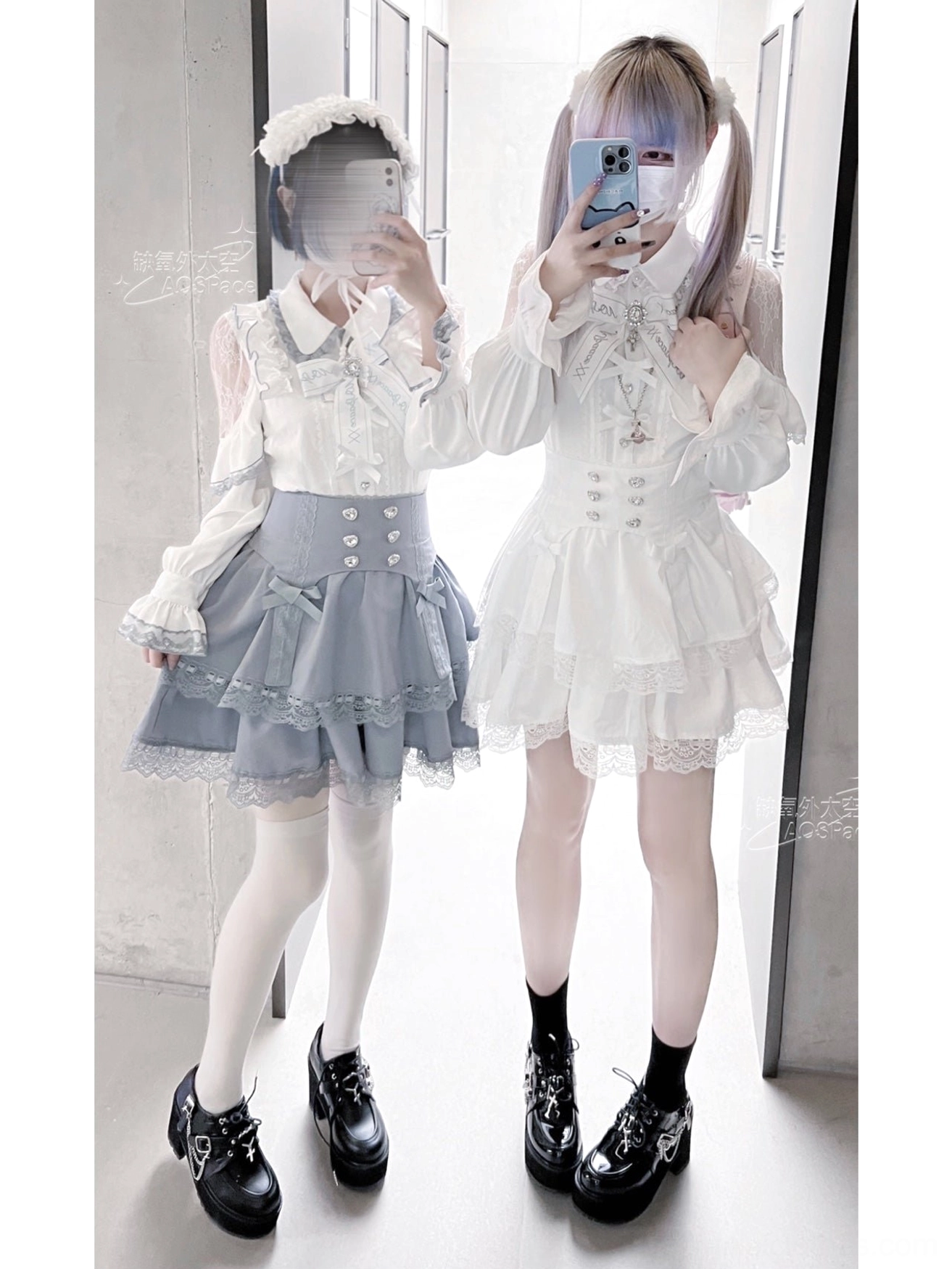 Jirai Kei two-piece lolita outfit full-body mirror front view with grey-blue and white bicolor and platform shoes