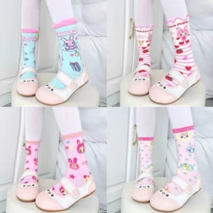 Jirai Kei sweet lolita short cotton socks with cyan and pink bases featuring adorable bunny and gift print designs with pink trim cuffs worn with mary jane shoes