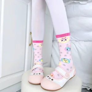 Cute cartoon printed short socks in light pink with playful character designs and pink cuffs representing sweet lolita and decora kei fashion aesthetics