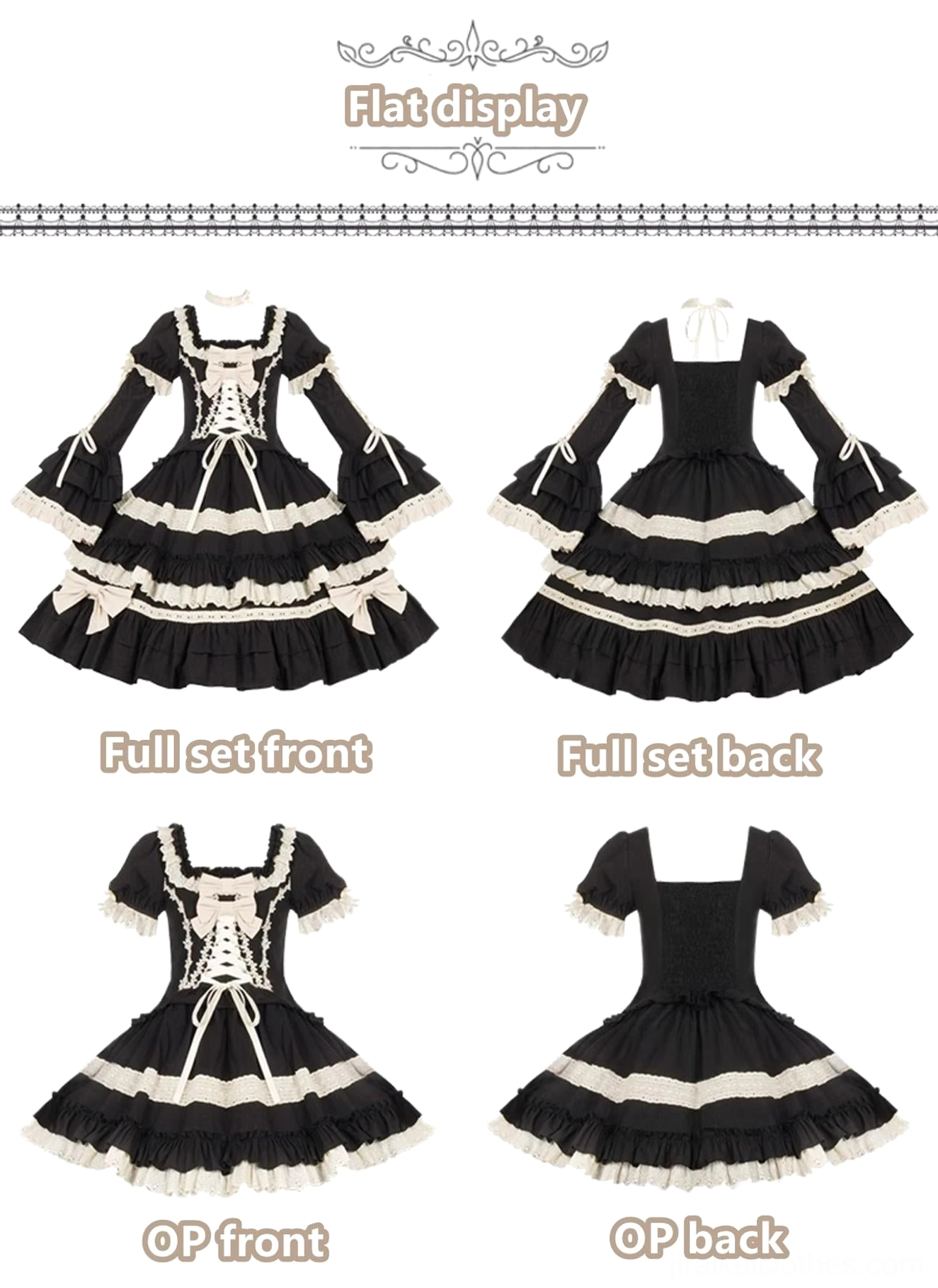 Jirai Kei Lolita classic OP dress flat lay product photography all components six-piece ensemble complete set styling