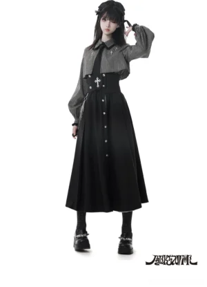 Gothic Jirai Kei floor-length black skirt with silver button decorations and cross emblem waist accessory single model full-body front view
