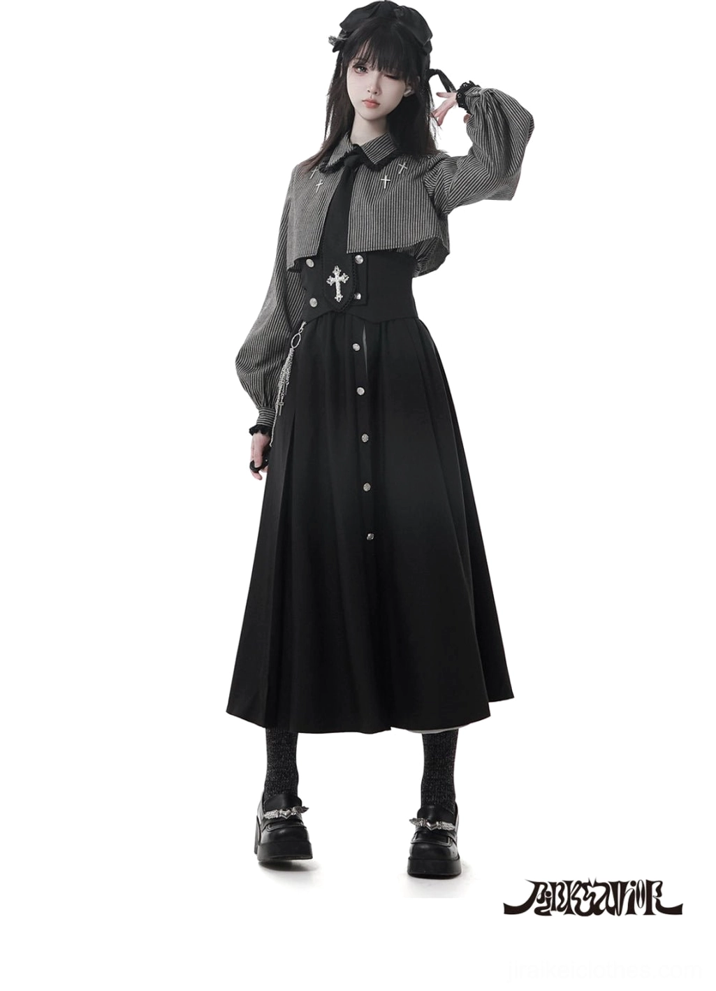 Gothic Jirai Kei floor-length black skirt with silver button decorations and cross emblem waist accessory single model full-body front view
