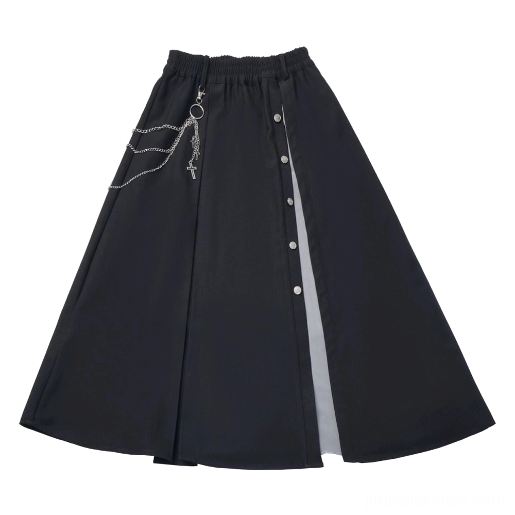 Jirai Kei long chiffon skirt with side slit sheer panel and silver button decorations elegant floor-length view