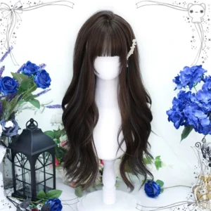 Black highlight blue Jirai Kei wig with air bangs and wavy texture, displayed on mannequin with blue roses and black lantern decor, paired with pearl hair clip