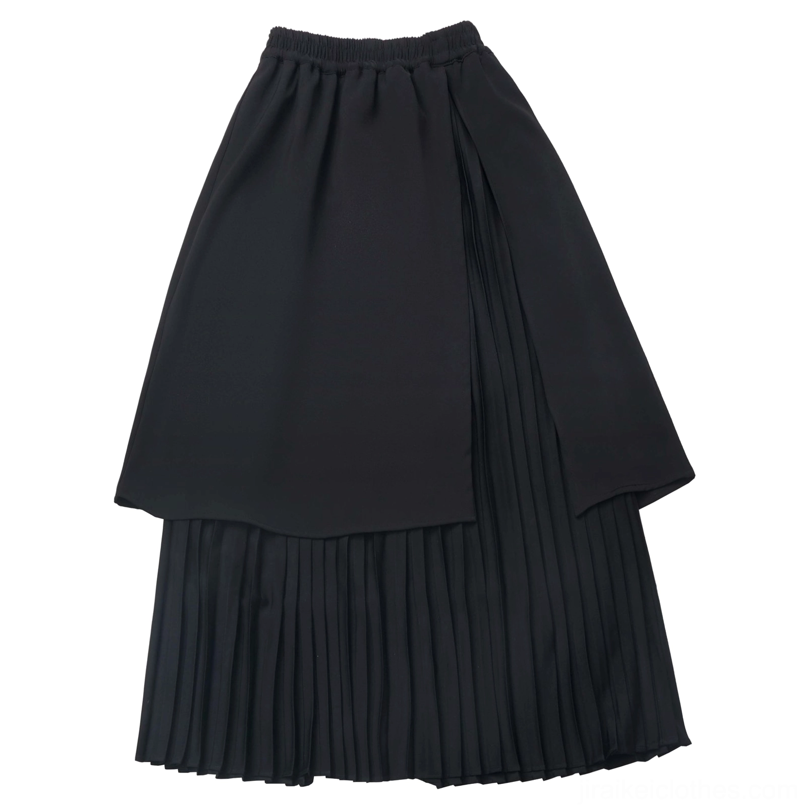 Jirai Kei long pleated skirt full-length view highlighting double-layered cascade construction, sophisticated drape, pleated inner layer, and elegant silhouette profile