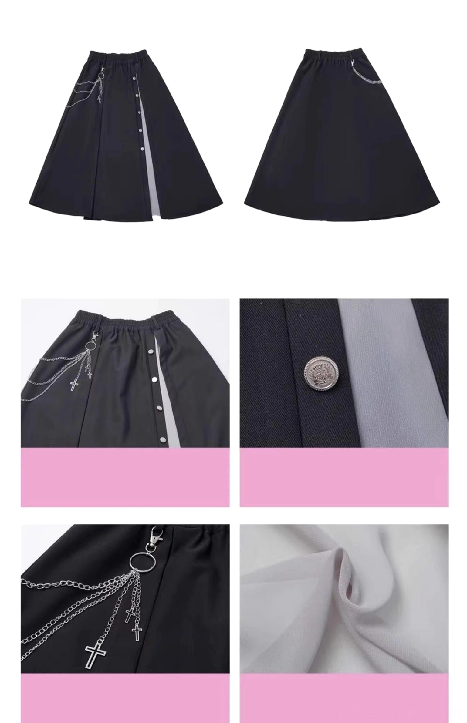 Jirai Kei long skirt chiffon panel and side slit detail demonstrating feminine gothic aesthetic design