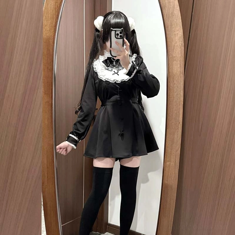 Jirai Kei black dress set bishop long sleeves ruffled cuffs fitted waist tailored silhouette full-length view