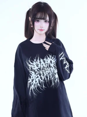 Jirai Kei goth long-sleeve tee black and white brutal typography close-up front upper body stitched sleeve patterns detail