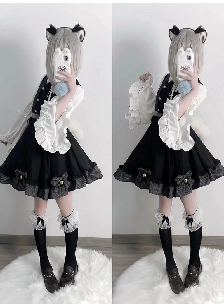 Long-sleeve trumpet blouse component of Jirai Kei preppy uniform featuring white fabric, bow tie collar detail, and flared bell sleeve design